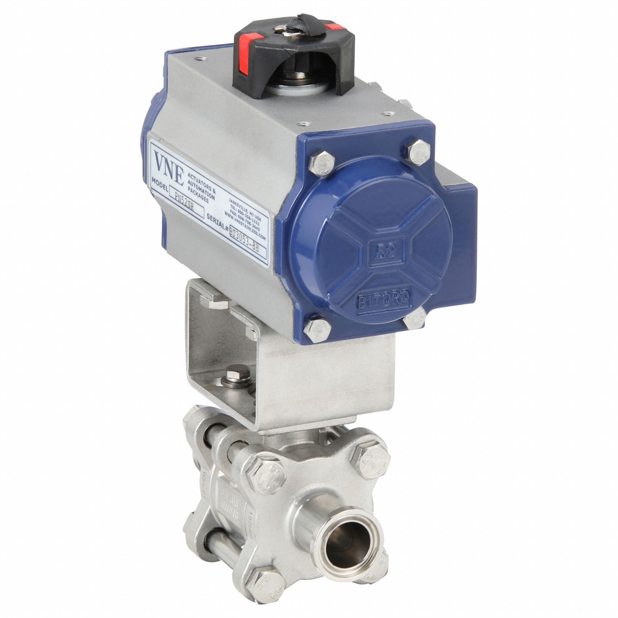 Pneumatically Actuated Two-Way Ball Valve: 3/4 in, 316 Stainless Steel, Three-Piece