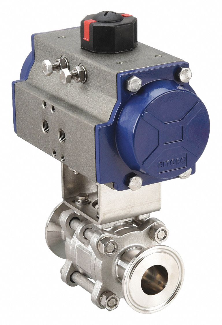 PNEUMATICALLY ACTUATED TWO-WAY BALL VALVE: 1 IN, 316 STAINLESS STEEL, CLAMP X CLAMP