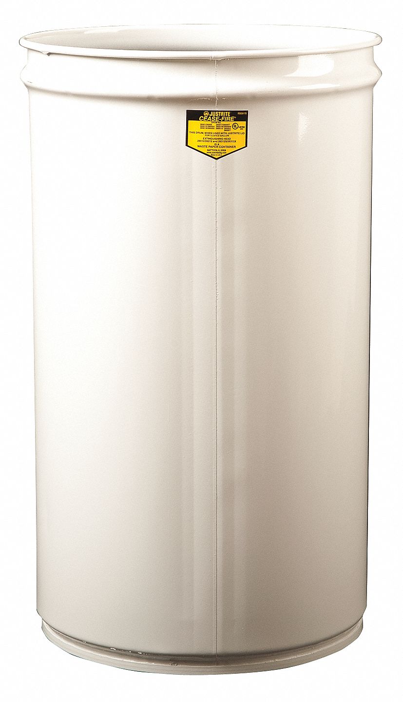 Trash Can: Steel, 15 gal Container Capacity, Open Top, 14 1/2 in Overall Dia, White