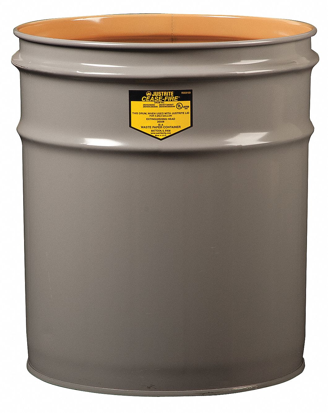 Trash Can: Steel, 4 1/2 gal Container Capacity, Open Top, 11 7/8 in Overall Dia, Gray
