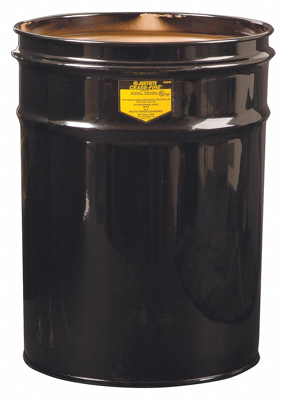 JUSTRITE 6 gal Black Steel Open Head Waste Receptacle Drum 14N87026050K Grainger