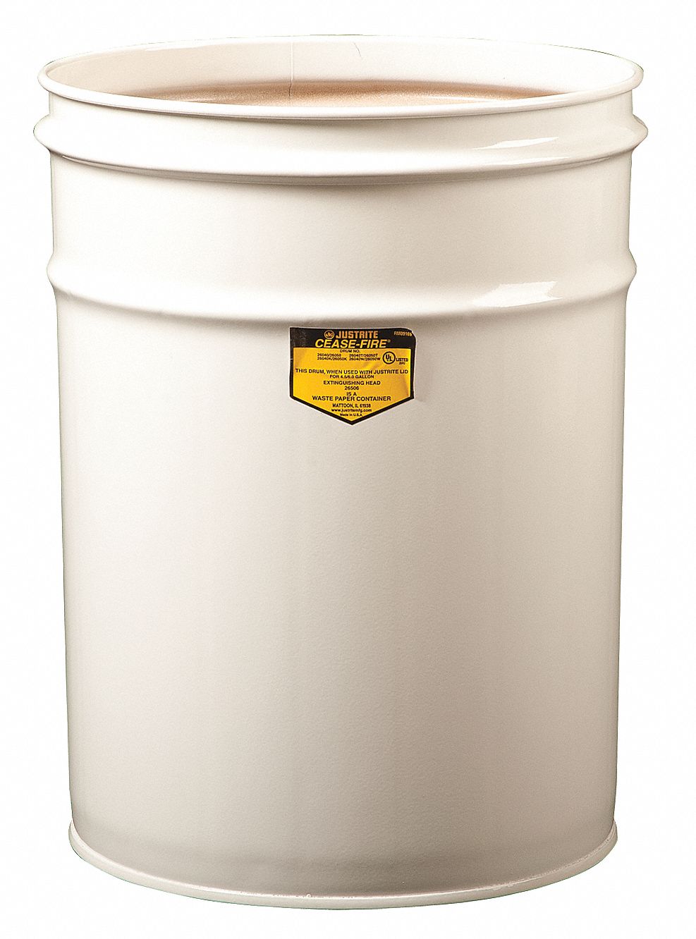 Trash Can: Steel, 6 gal Container Capacity, Open Top, 11 3/4 in Overall Dia, White