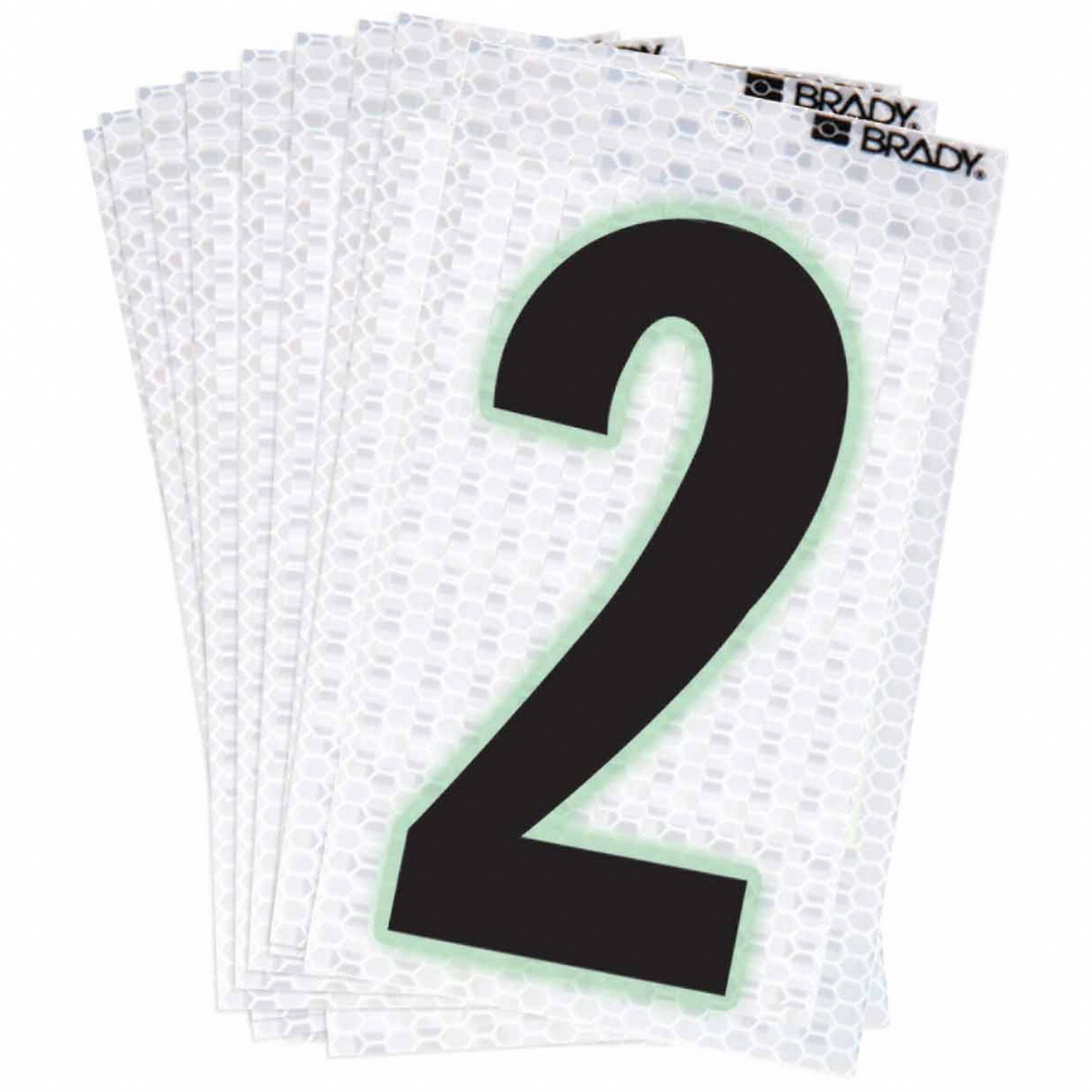 Number Label: 2 in Character Ht, Indoor/Outdoor, High Intensity Prismatic Retroreflective, 2, 10 PK