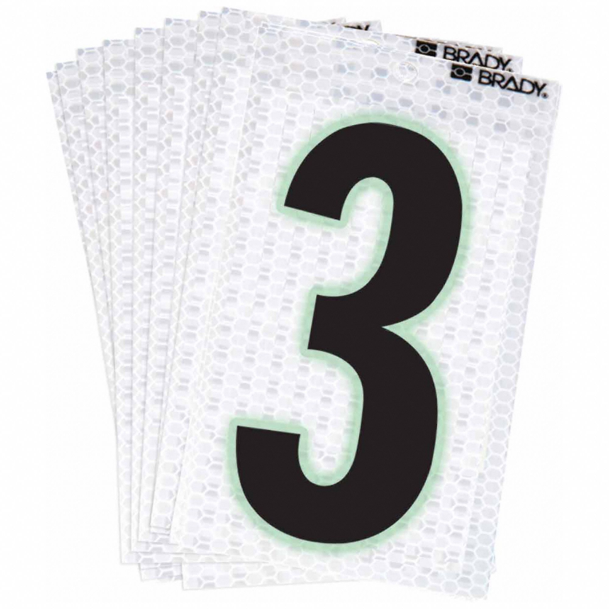 Number Label: 2 in Character Ht, Indoor/Outdoor, High Intensity Prismatic Retroreflective, 3, 10 PK