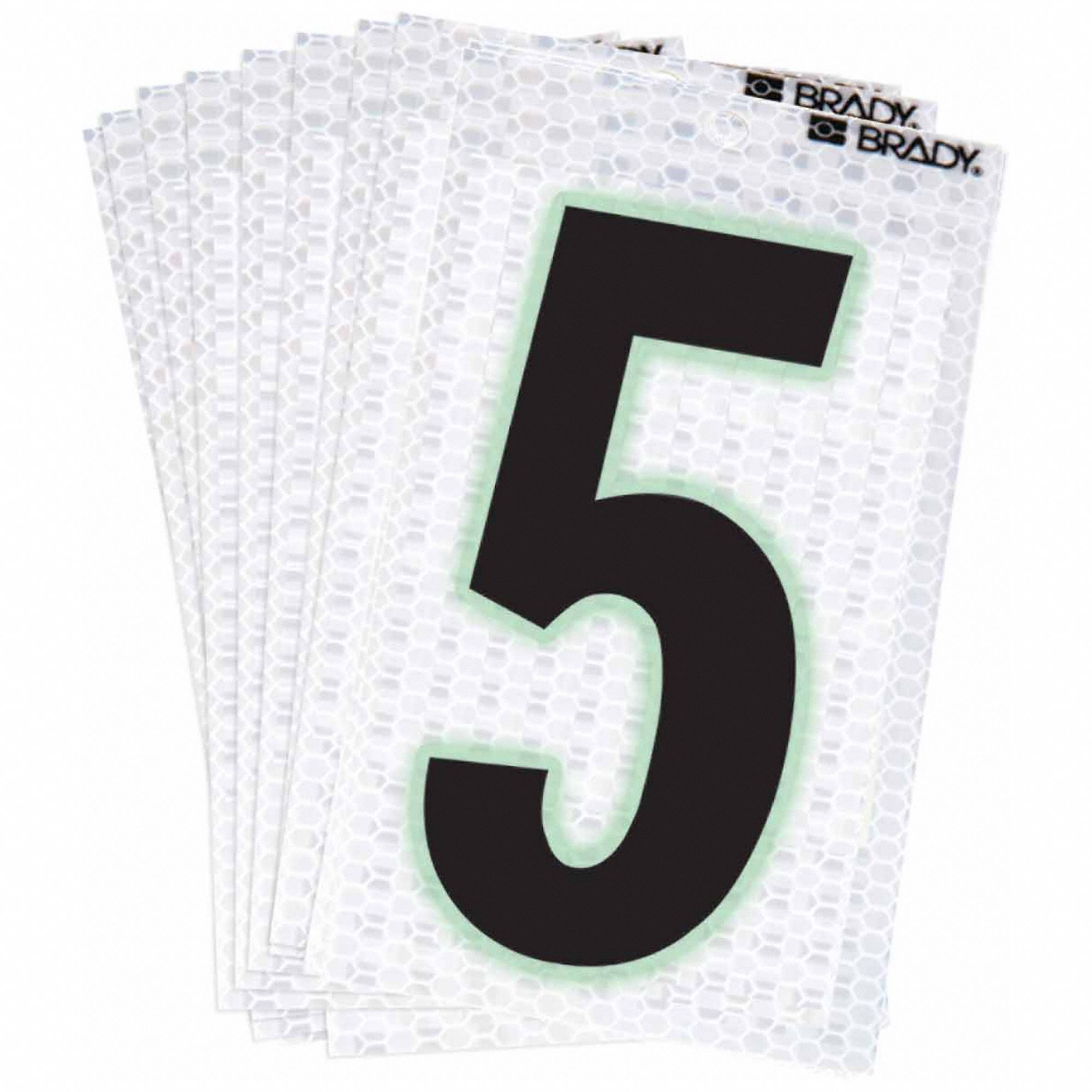 Number Label: 2 in Character Ht, Indoor/Outdoor, High Intensity Prismatic Retroreflective, 5, 10 PK