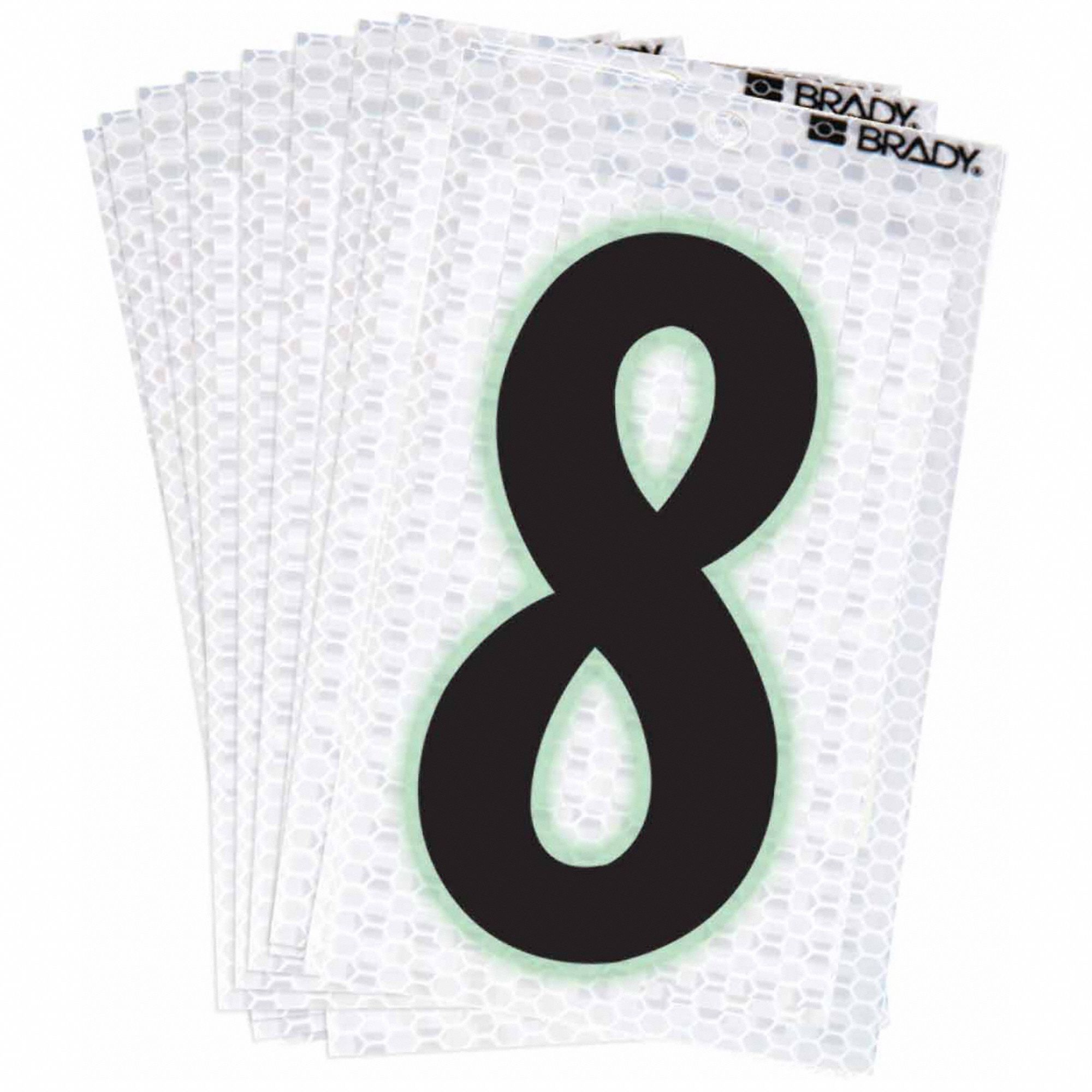 Number Label: 2 in Character Ht, Indoor/Outdoor, High Intensity Prismatic Retroreflective, 8, 10 PK