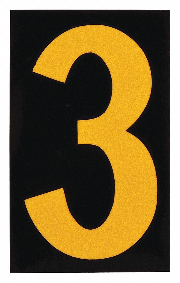 Number Label: 2 1/2 in Character Ht, Indoor/Outdoor, Engineer-Grade Retroreflective, Yellow, 25 PK