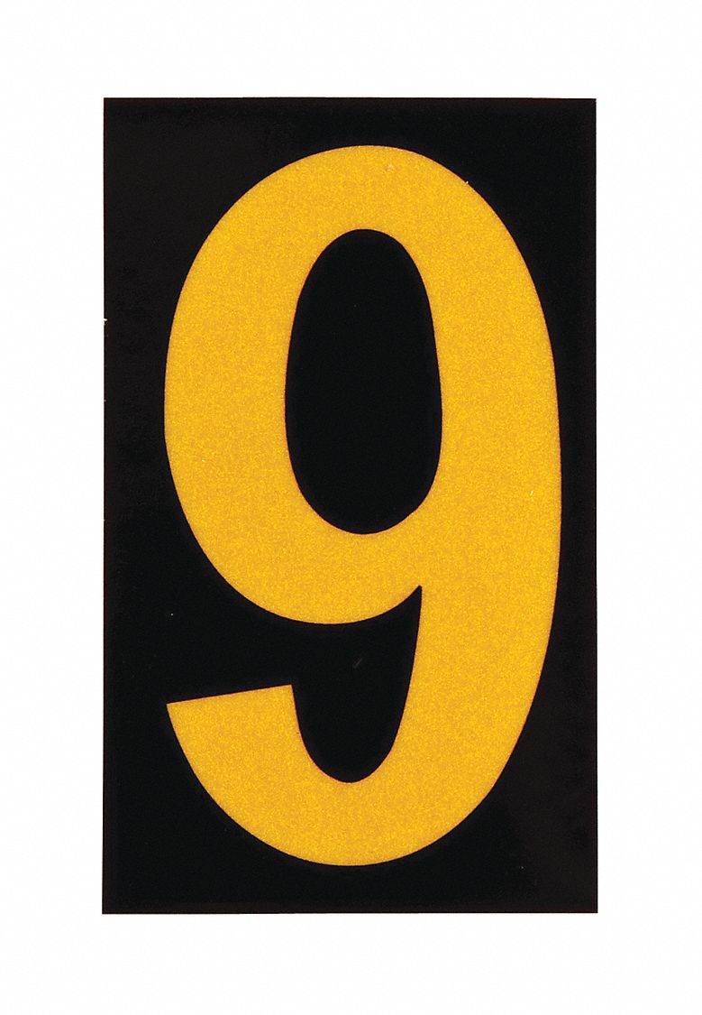 Number Label: 2 1/2 in Character Ht, Indoor/Outdoor, Engineer-Grade Retroreflective, Yellow, 25 PK