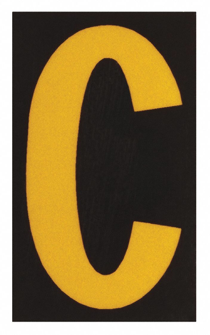 Letter Label: 2 1/2 in Character Ht, Indoor/Outdoor, Engineer-Grade Retroreflective, Yellow, 25 PK