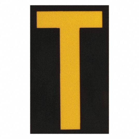 BRADY Letter Label, T, Yellow On Black, 2 1/2 in Character Height, 25 ...