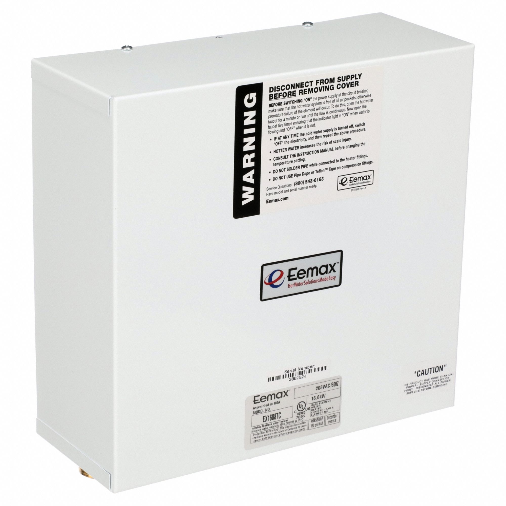 Electric Tankless Water Heater: Indoor, 16, 600 W, 3 gpm Max. Flow Rate, 10.25 in Overall Ht