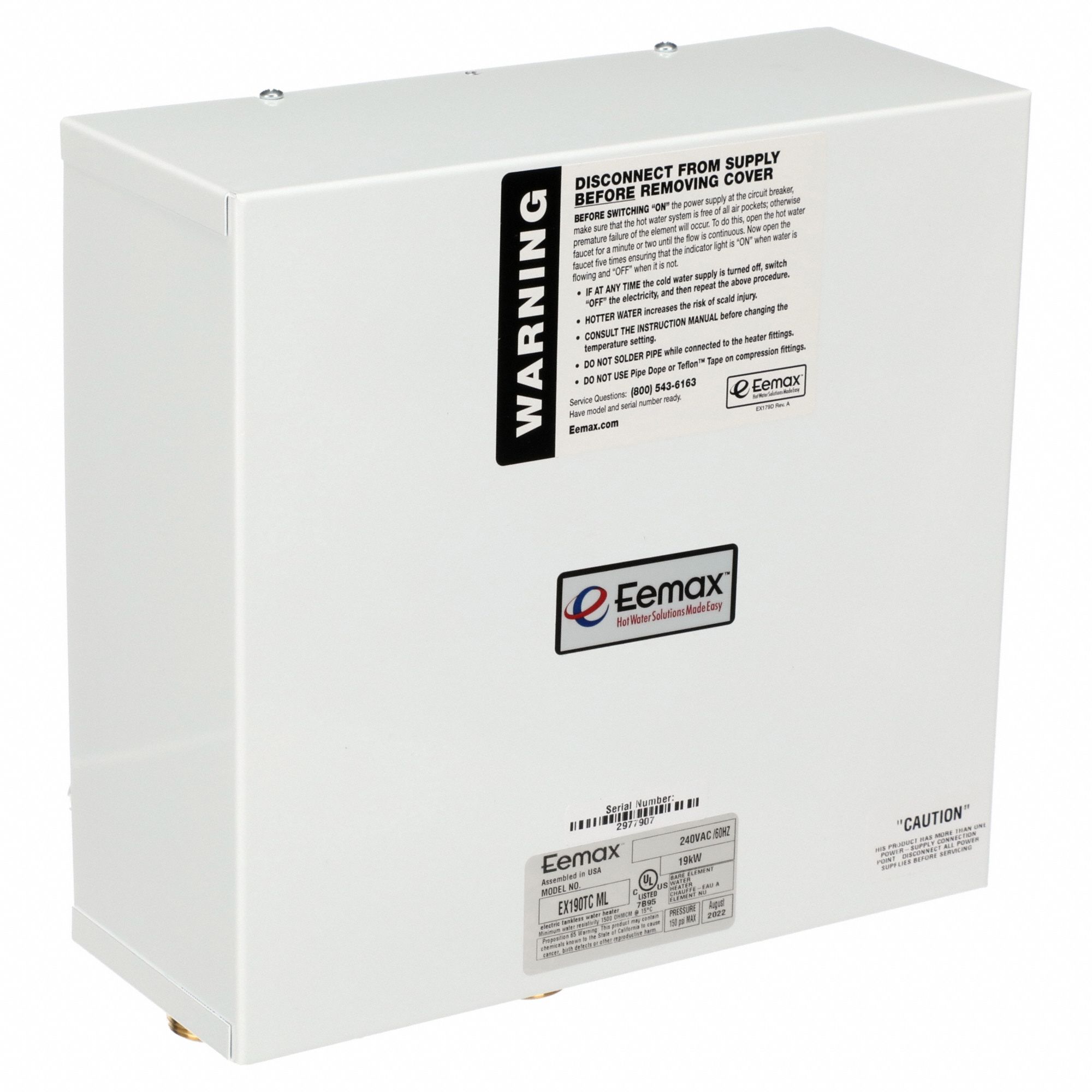 Electric Tankless Water Heater: Indoor, 19, 000 W, 3 gpm Max. Flow Rate, 10.25 in Overall Ht