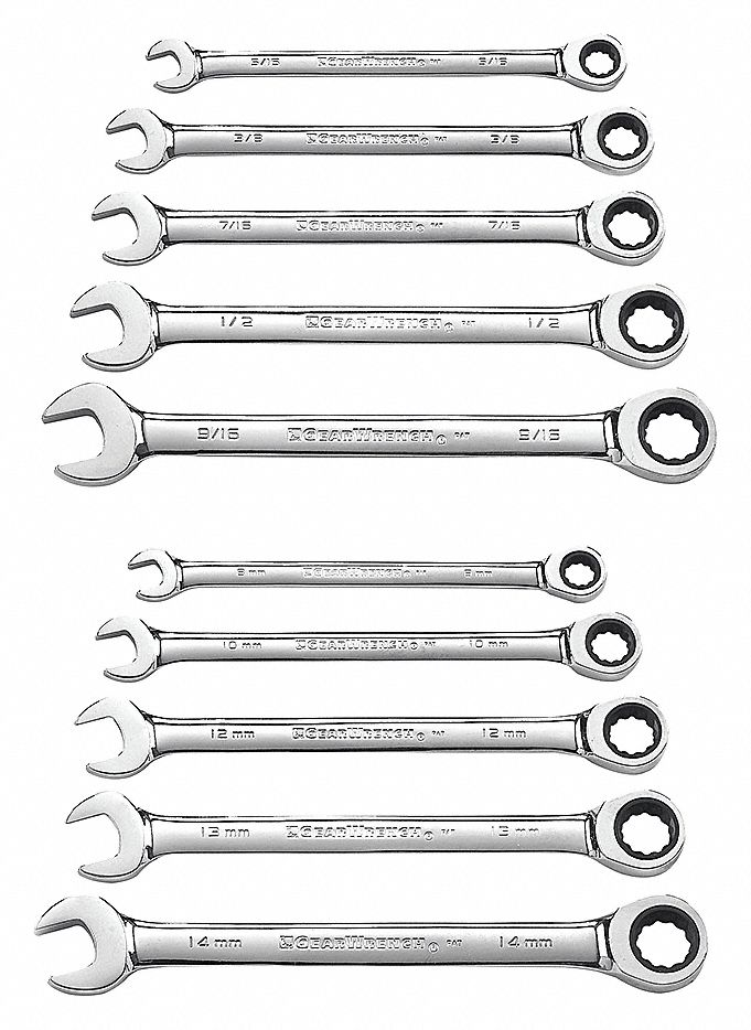COMBINATION WRENCH SET, ALLOY STEEL, METRIC, SAE, FULL POLISH CHROME, 15 °  HEAD OFFSET, ANTI-SLIP DESIGN, 2.04 LB