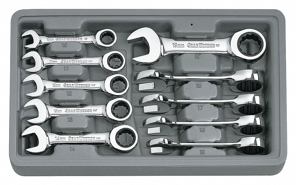 COMBINATION WRENCH SET, ALLOY STEEL, METRIC, FULL POLISH CHROME, 15 °  HEAD OFFSET, ANTI-SLIP DESIGN, 2.30 LB