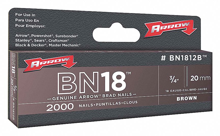 BRAD NAILS, GALVANIZED STEEL, ¾ IN LEG L, 18 GA, BROWN, 2000-PK, FOR ET200D NAIL GUNS