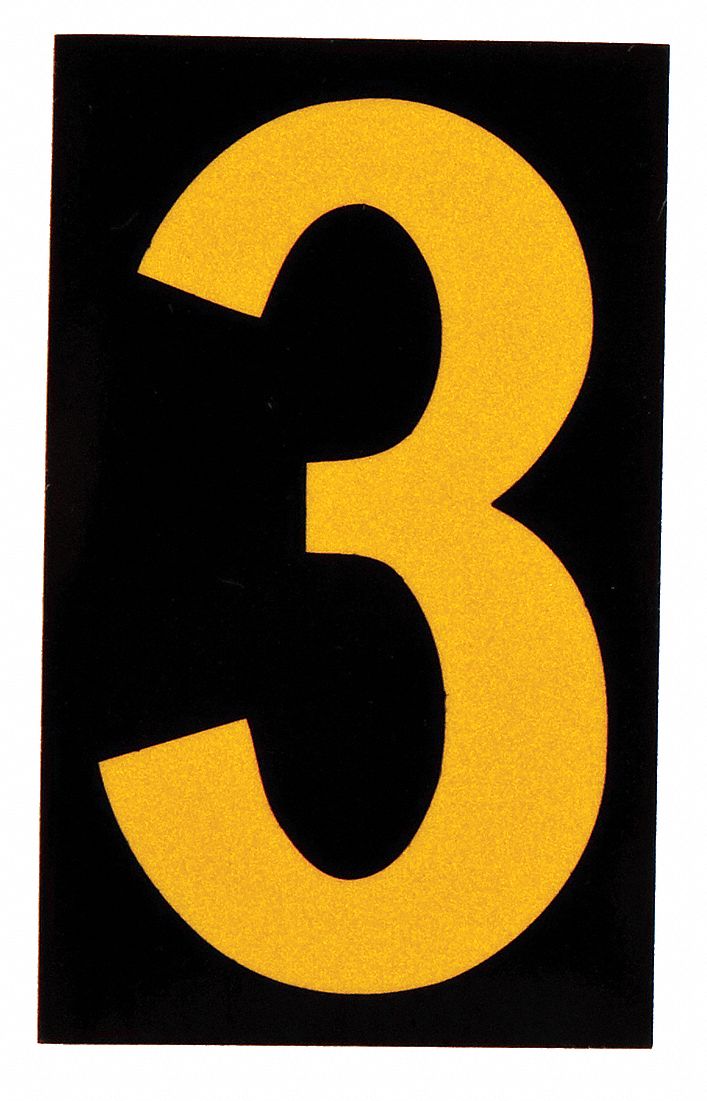 Number Label: 1 1/2 in Character Ht, Indoor/Outdoor, Engineer-Grade Retroreflective, Yellow, 25 PK