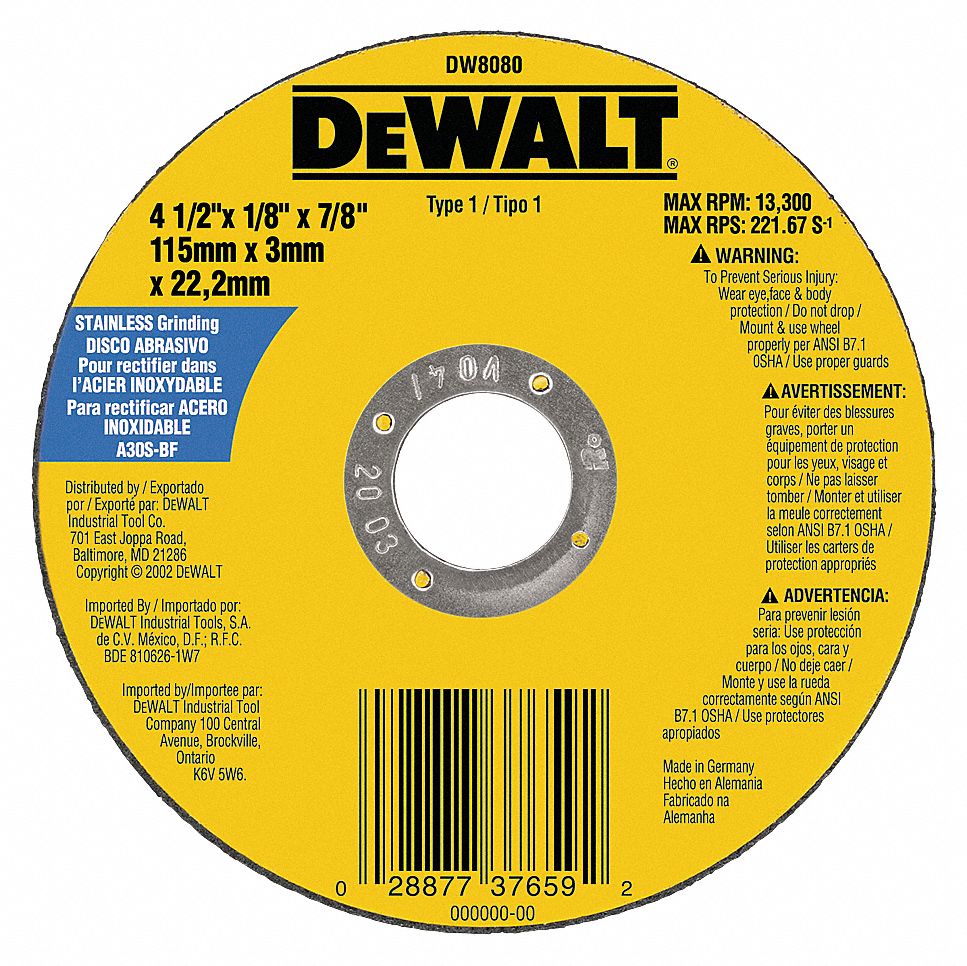 ABRASIVE CUT-OFF WHEEL, TYPE 1, 4½ IN X 3/32 IN X ⅞ IN, ALUMINUM OXIDE, 30 GRIT, A30S
