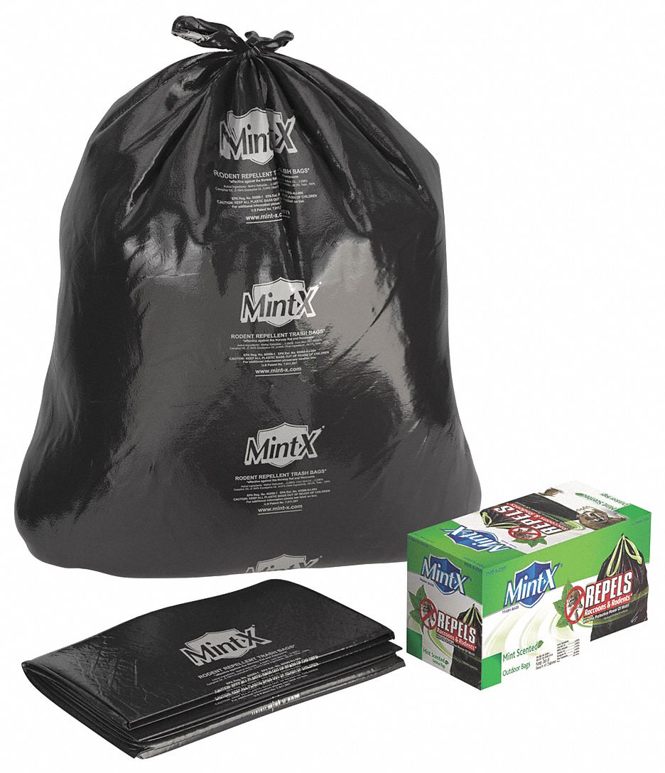 MINT-X Rodent-Repellent Recycled Trash Bag: 38 gal Capacity, 33 in Wd, 46  in Ht, Black, Flat, 100 PK