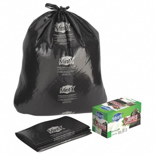 MINT-X Rodent-Repellent Recycled Trash Bag: 38 gal Capacity, 33 in Wd, 46  in Ht, Black, Flat, 100 PK