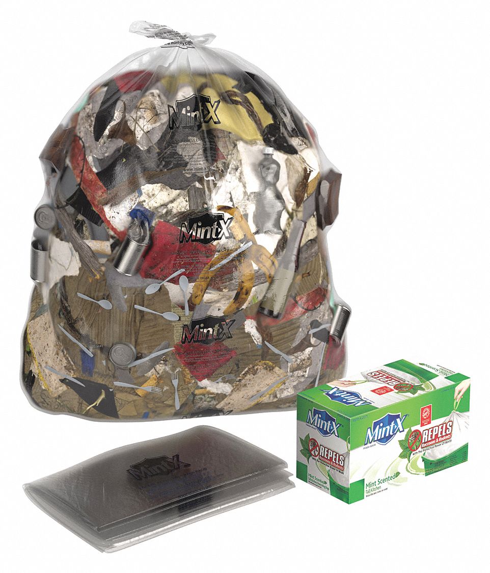 Rodent-Repellent Recycled Trash Bag: 56 gal Capacity, 43 in Wd, 47 in Ht, Clear, 100 PK