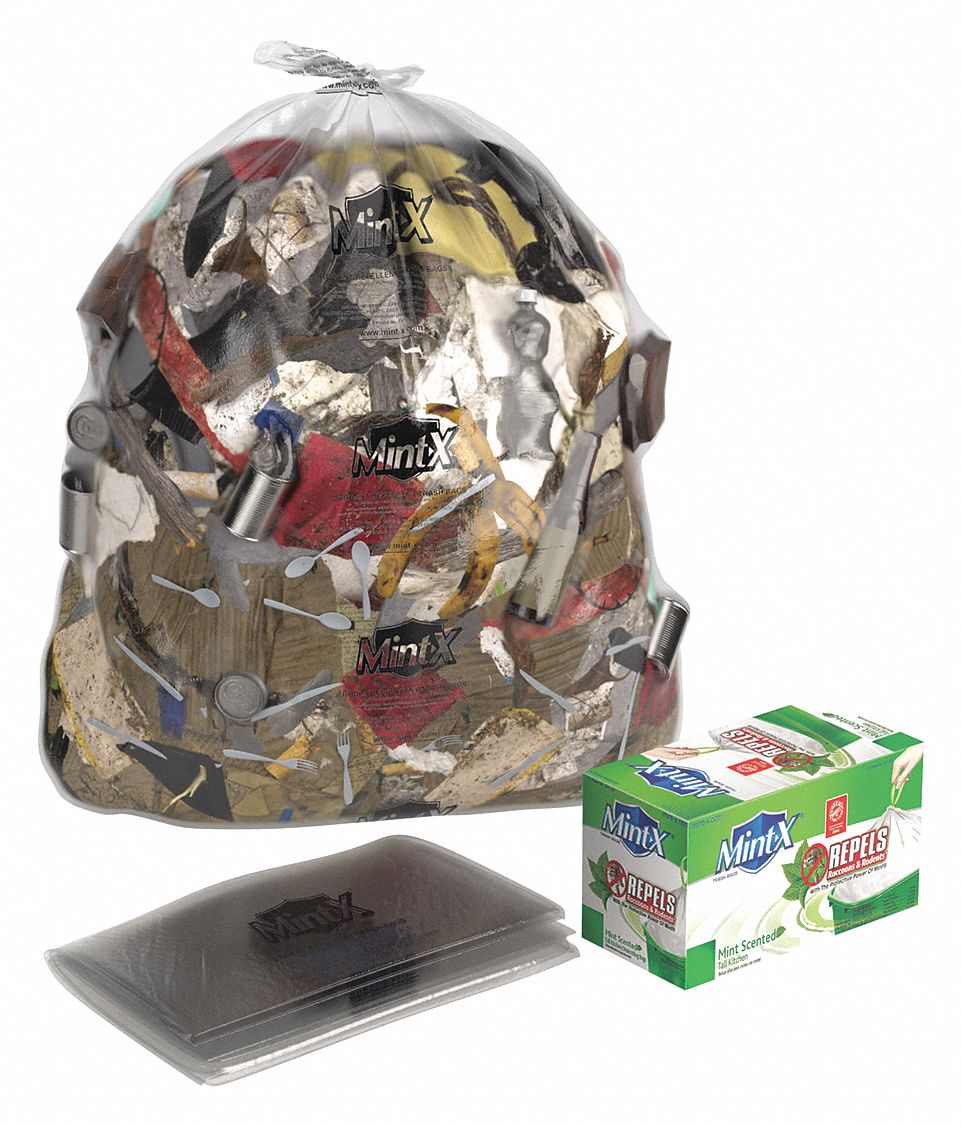 Rodent-Repellent Recycled Trash Bag: 56 gal Capacity, 43 in Wd, 47 in Ht, Clear, 100 PK