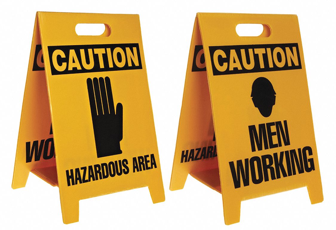 REVERSIBLE FLOOR STAND, HAZARDOUS AREA, HEADER CAUTION, RECTANGLE, 20 IN HEIGHT, 12 IN WIDTH, PLASTIC, YELLOW/BLACK