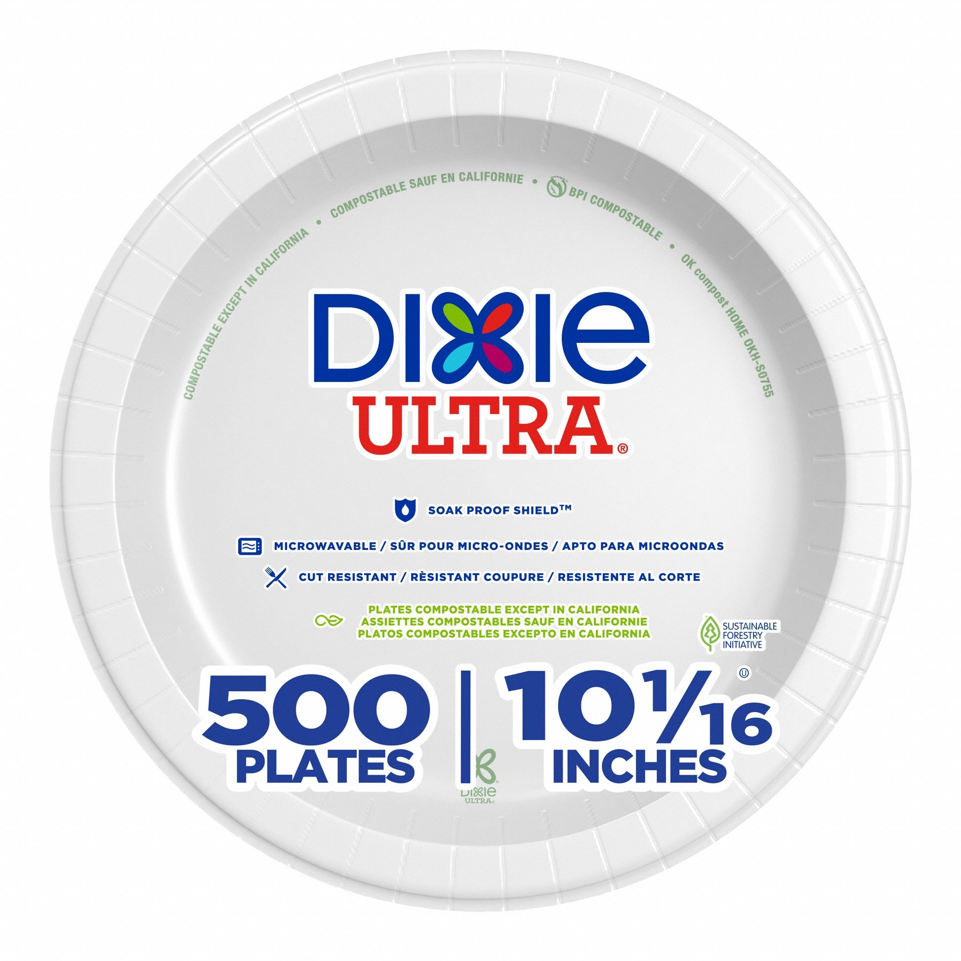 Disposable Paper Plate: White, Heavy-Wt, 10 1/8 in Disposable Plate Size, 500 PK