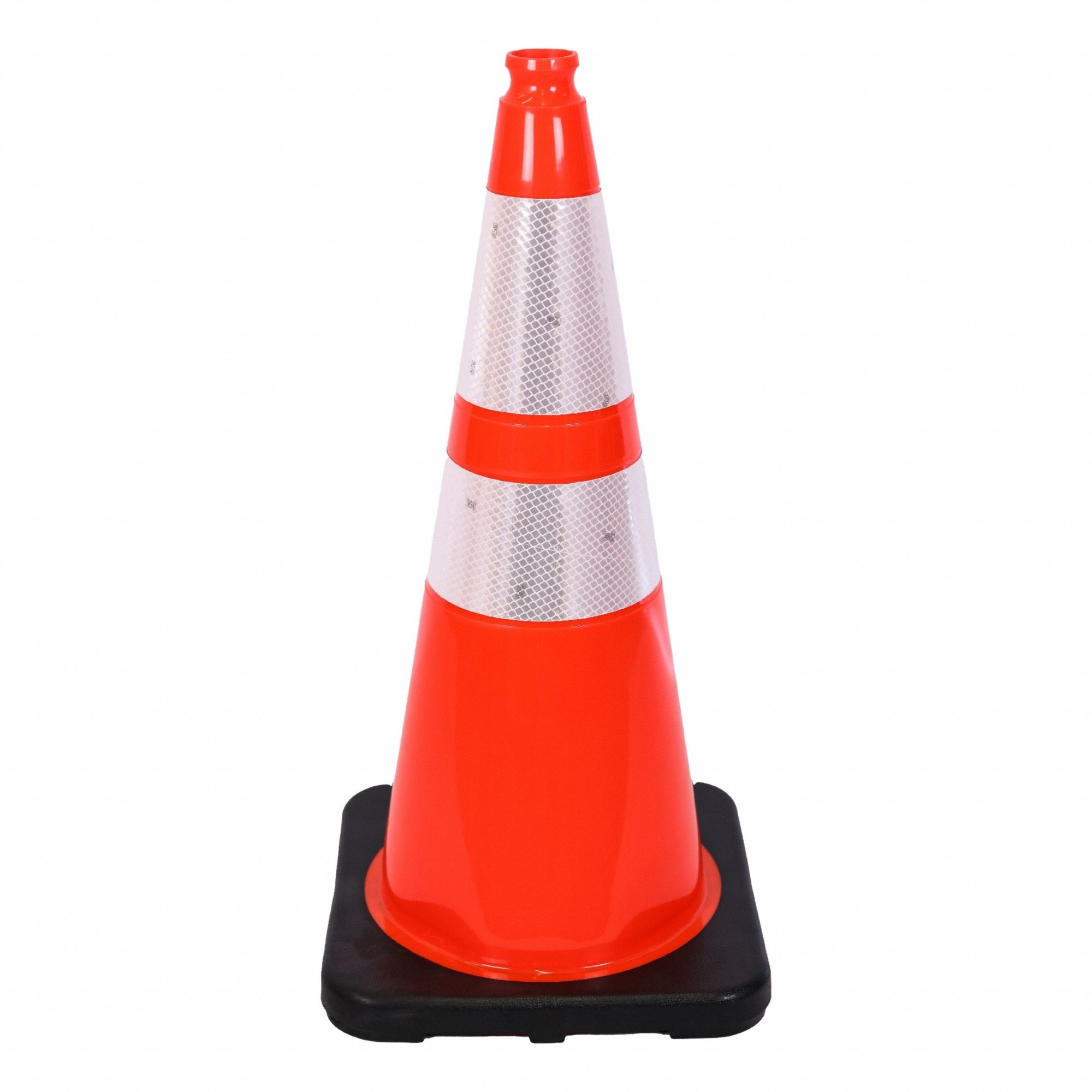 Traffic Cone: Night or High Speed Roadway (45 MPH or Higher), Reflective, 28 in Cone Ht, Orange, PVC