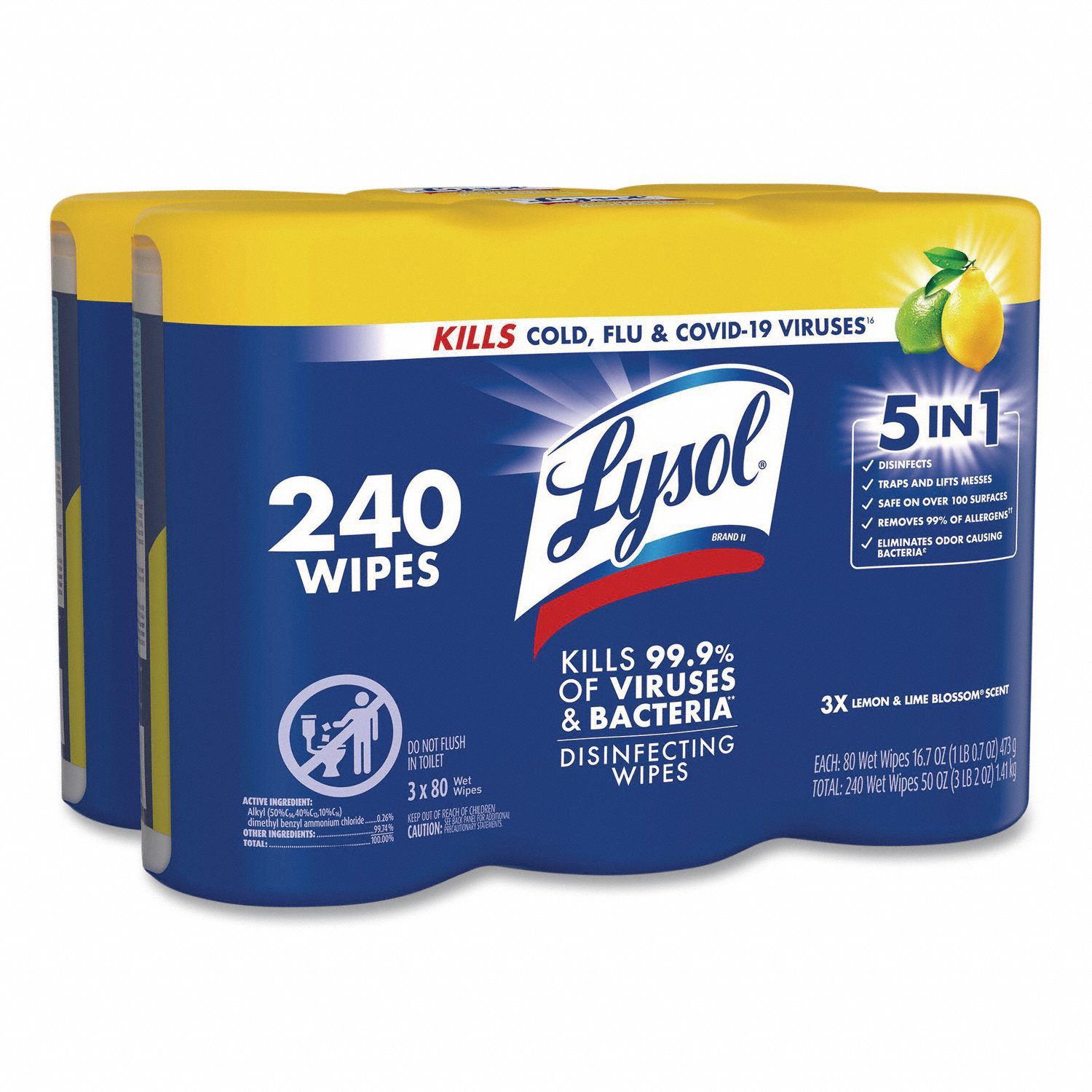 Disinfecting Wipes: Canister, Ready to Use, Wipe, Quat, 7 1/4 in x 7 in Sheet Size, 6 PK