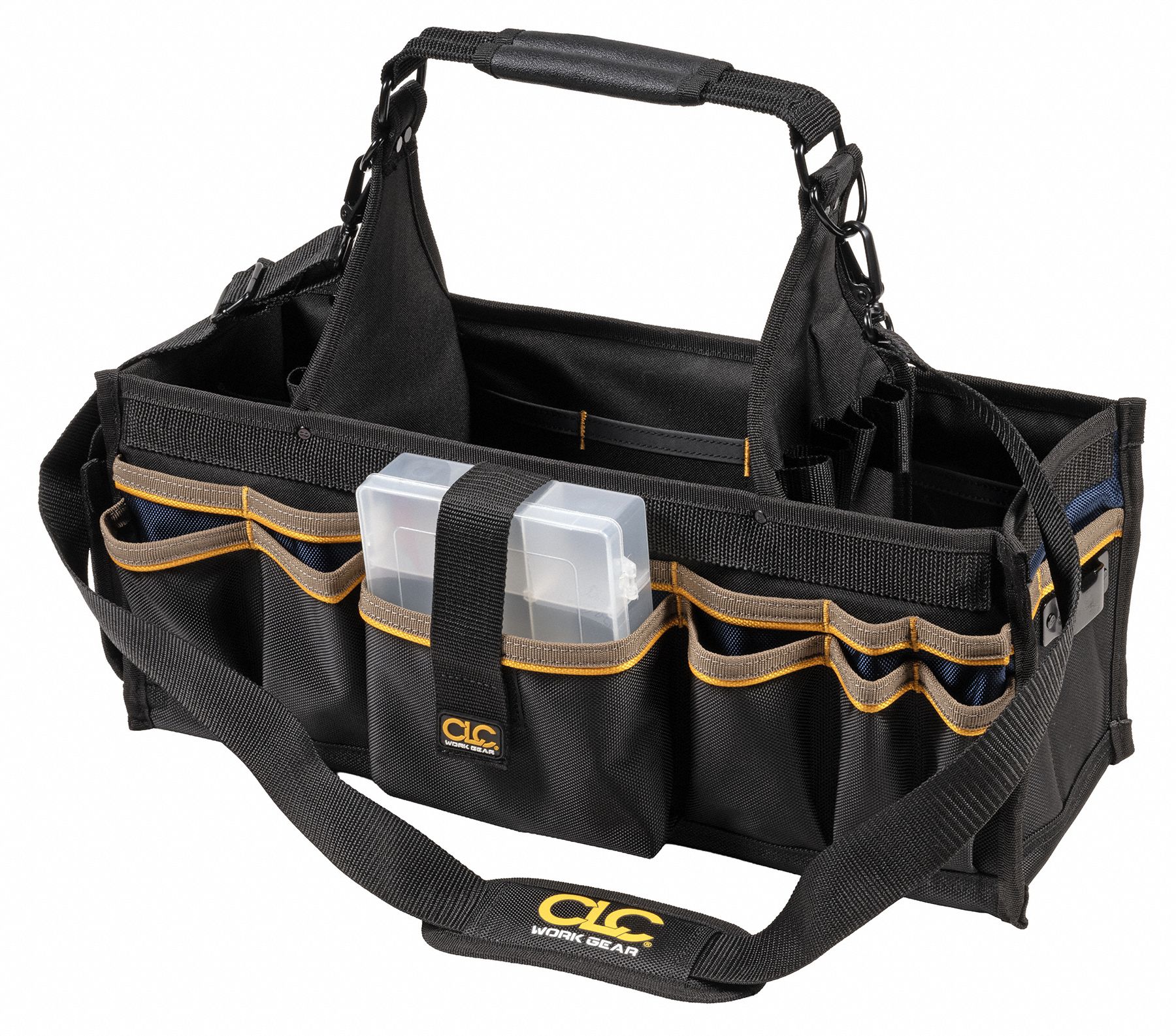 Tool Tote: 23 in W x 12 in D x 15 in H, Black, Polyester, 42 Pockets, 18 Inside Pockets
