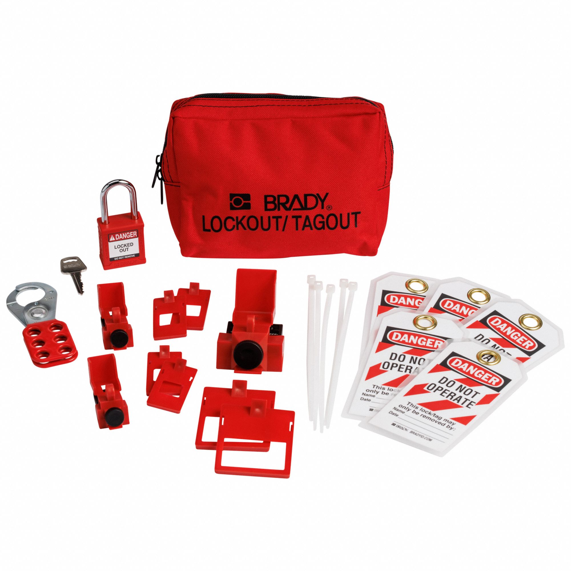 LOCKOUT TAGOUT KIT, 1 PADLOCK INCLUDED, ENGLISH/FRENCH/SPANISH, RED, 5 IN H