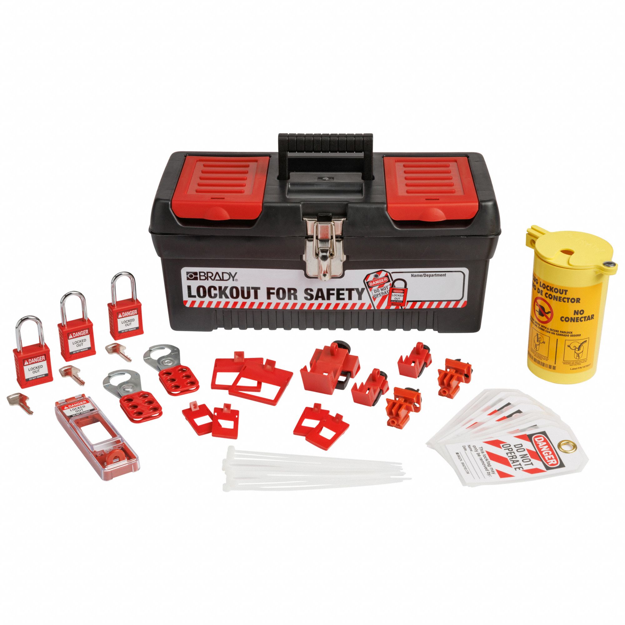 LOCKOUT TAGOUT KIT, 3 PADLOCKS INCLUDED, ENGLISH/FRENCH/SPANISH, BLACK