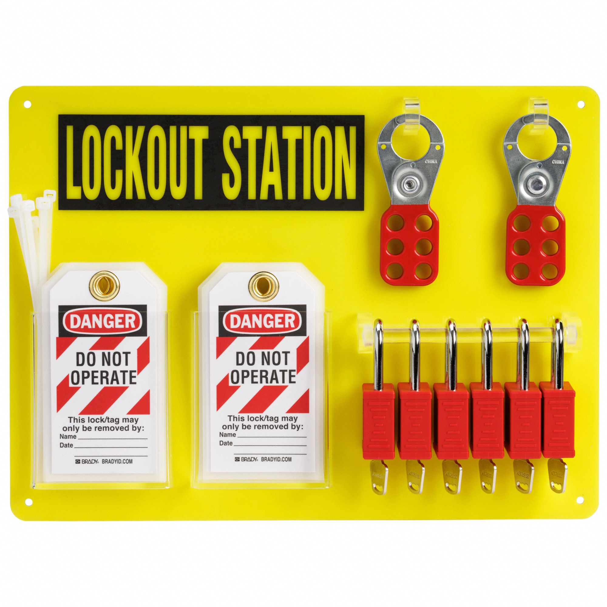 LOCKOUT BOARD, 6 PADLOCKS INCLUDED, ENGLISH, YELLOW, 11½ IN HEIGHT