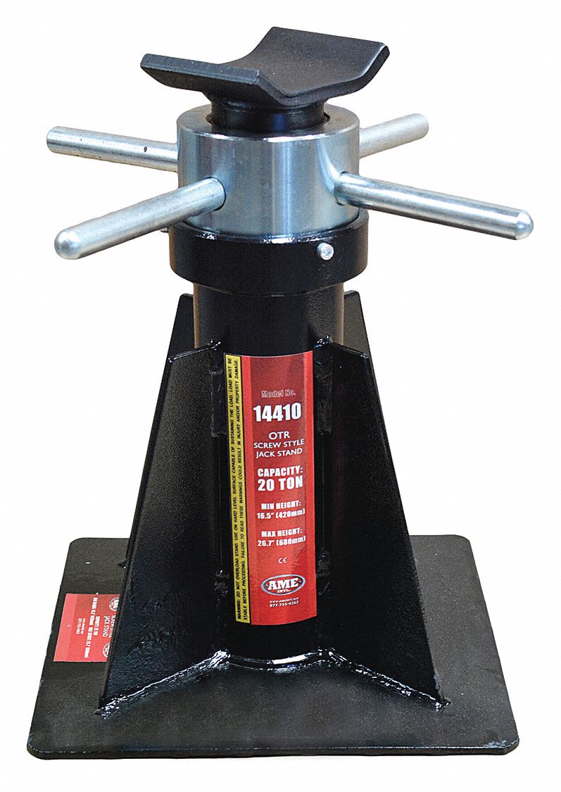 AME Jack Stand: Screw Adjustment, 20 ton Load Capacity, 26 5/8 in Max  Extended Ht, 16 1/2 in Min Ht