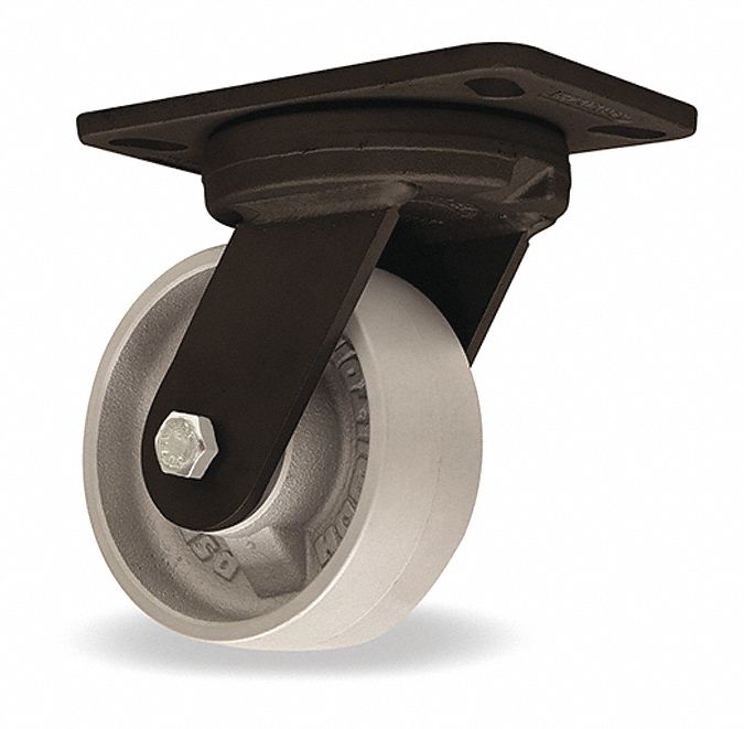 Plate Caster: Swivel, Iron, 6 in Wheel Dia, 2 in Wheel Wd, 7 3/4 in Mounting Ht, Rectangle