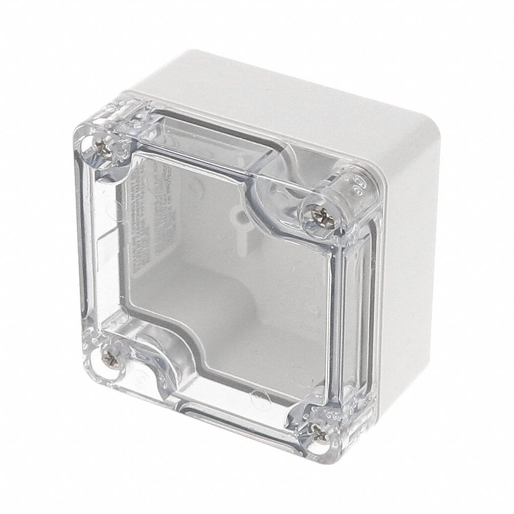 Enclosure: Polycarbonate, 2 in x 2 in x 2 in, NEMA 12/13/4/4X/6/6P, Screw On, Clear Cover