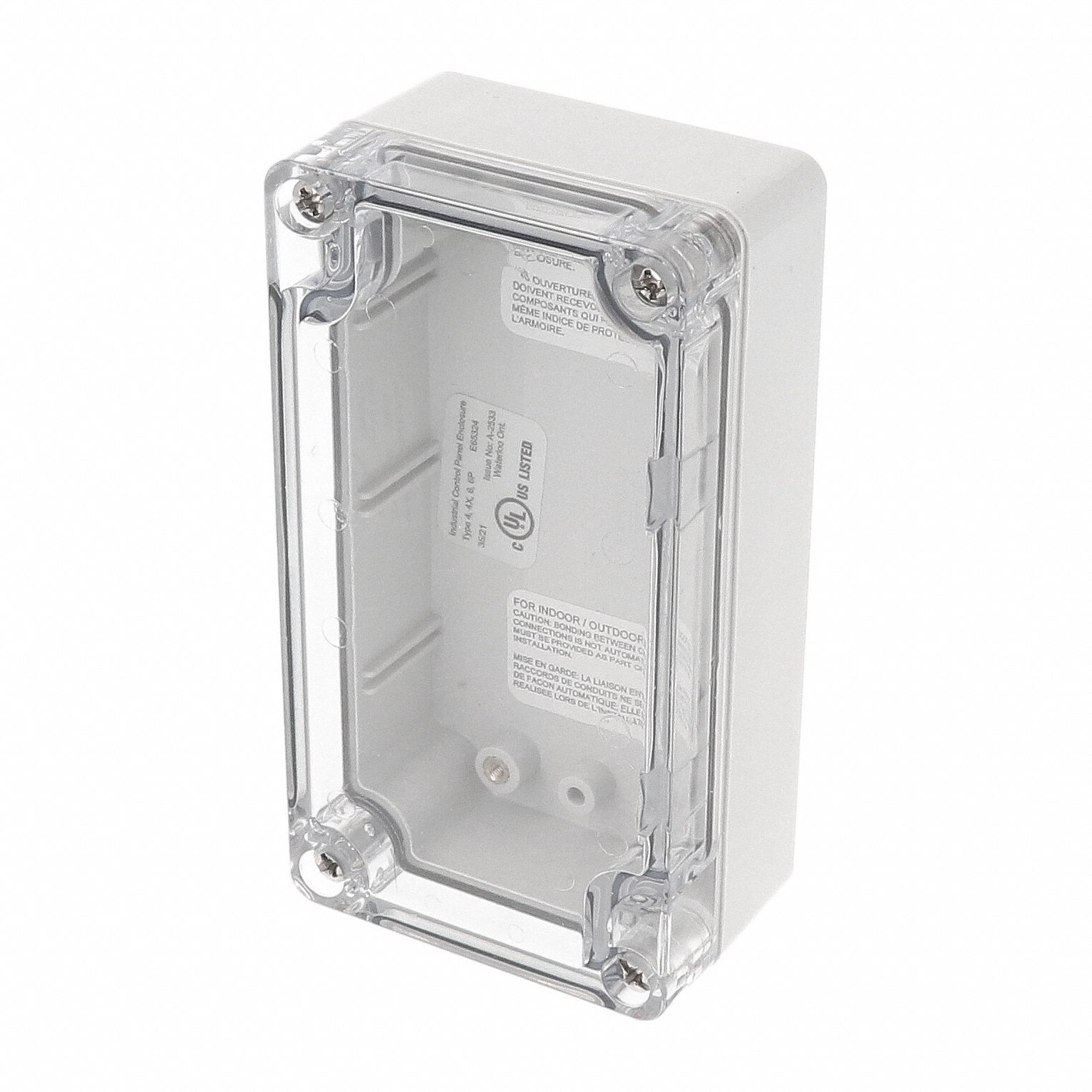 Enclosure: Polycarbonate, 4 in x 2 in x 2 in, NEMA 12/13/4/4X/6/6P, Screw On, Clear Cover