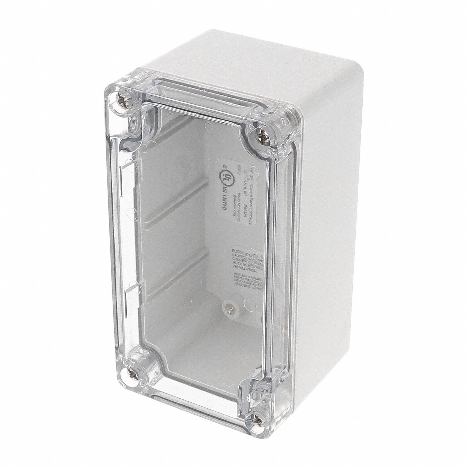 Enclosure: Polycarbonate, 4 in x 2 in x 2 in, NEMA 12/13/4/4X/6/6P, Screw On, Clear Cover
