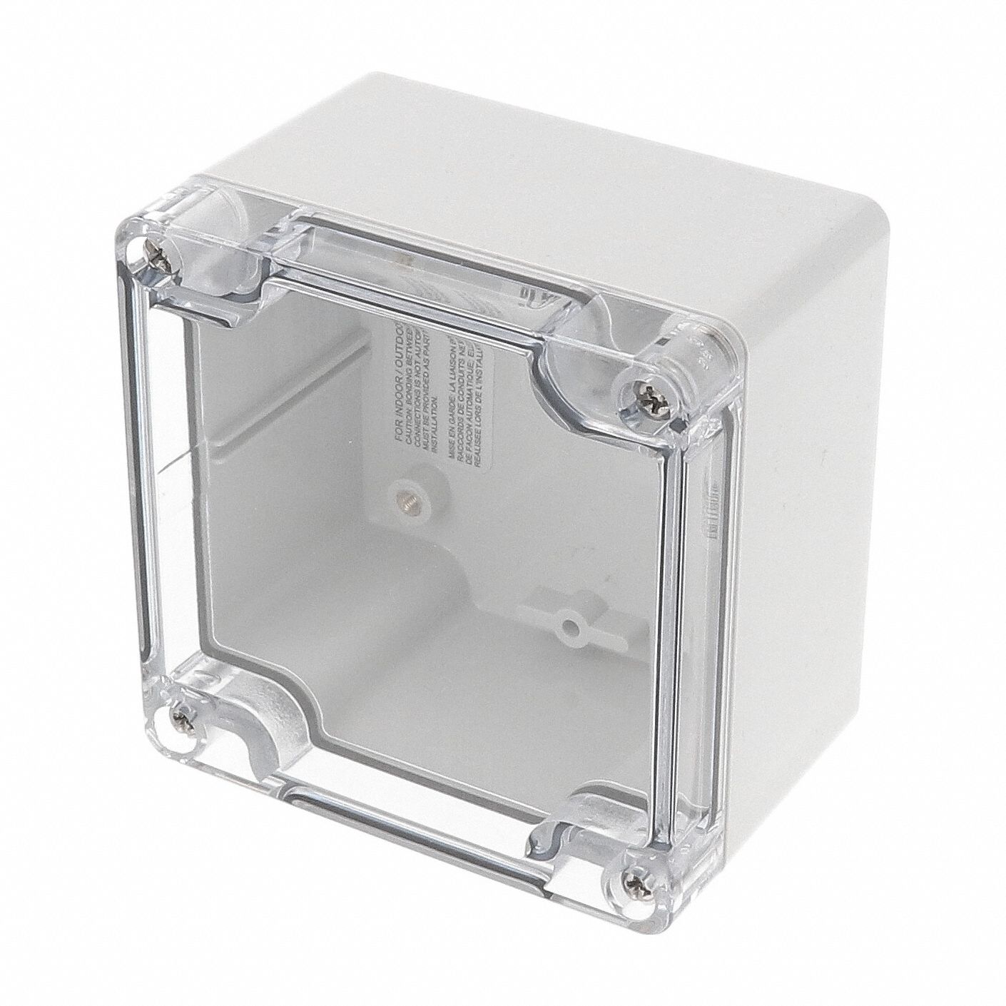Enclosure: Polycarbonate, 3 in x 3 in x 2 in, NEMA 12/13/4/4X/6/6P, Screw On, Clear Cover