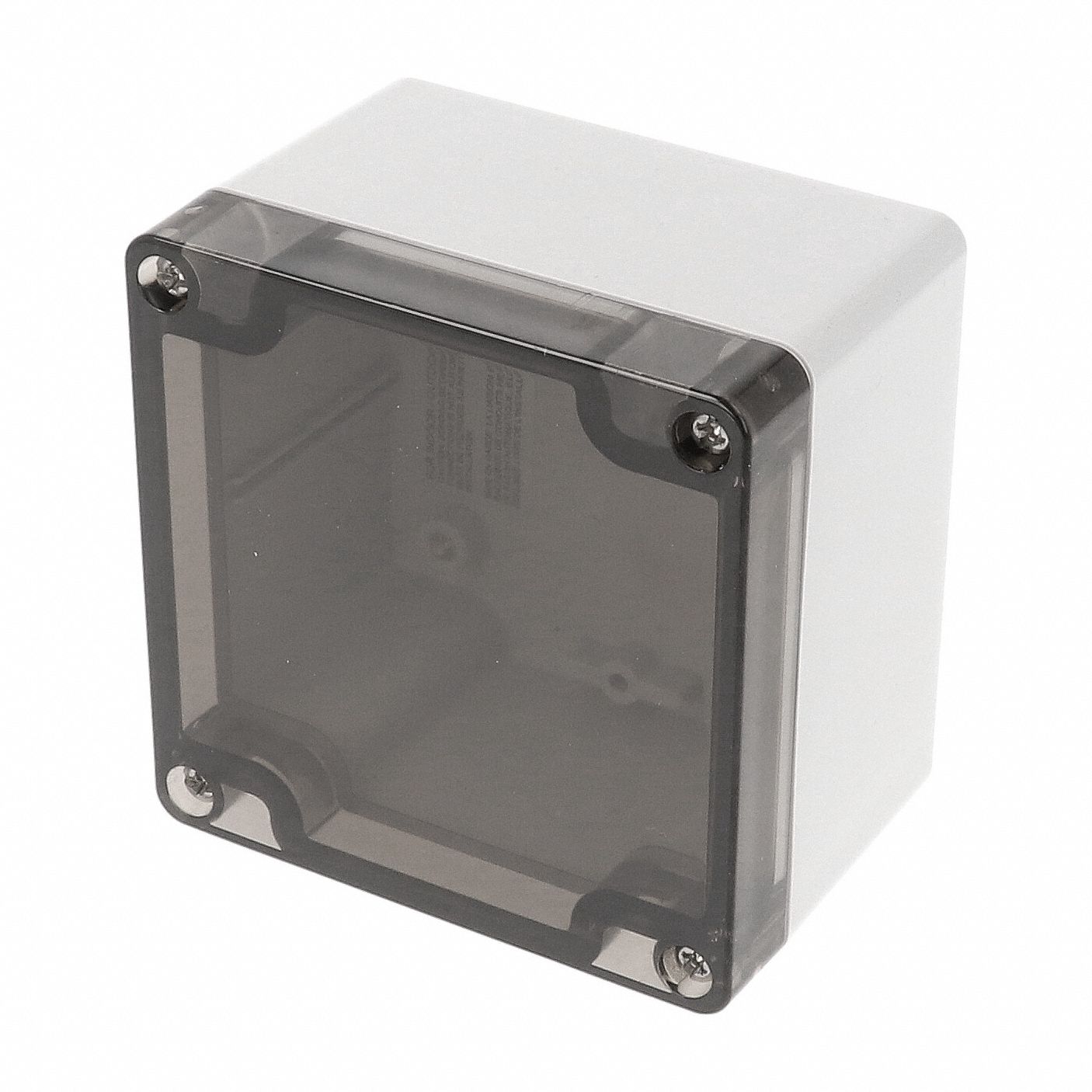 Enclosure: Polycarbonate, 3 in x 3 in x 2 in, NEMA 12/13/4/4X/6/6P, Screw On, Smoked Cover
