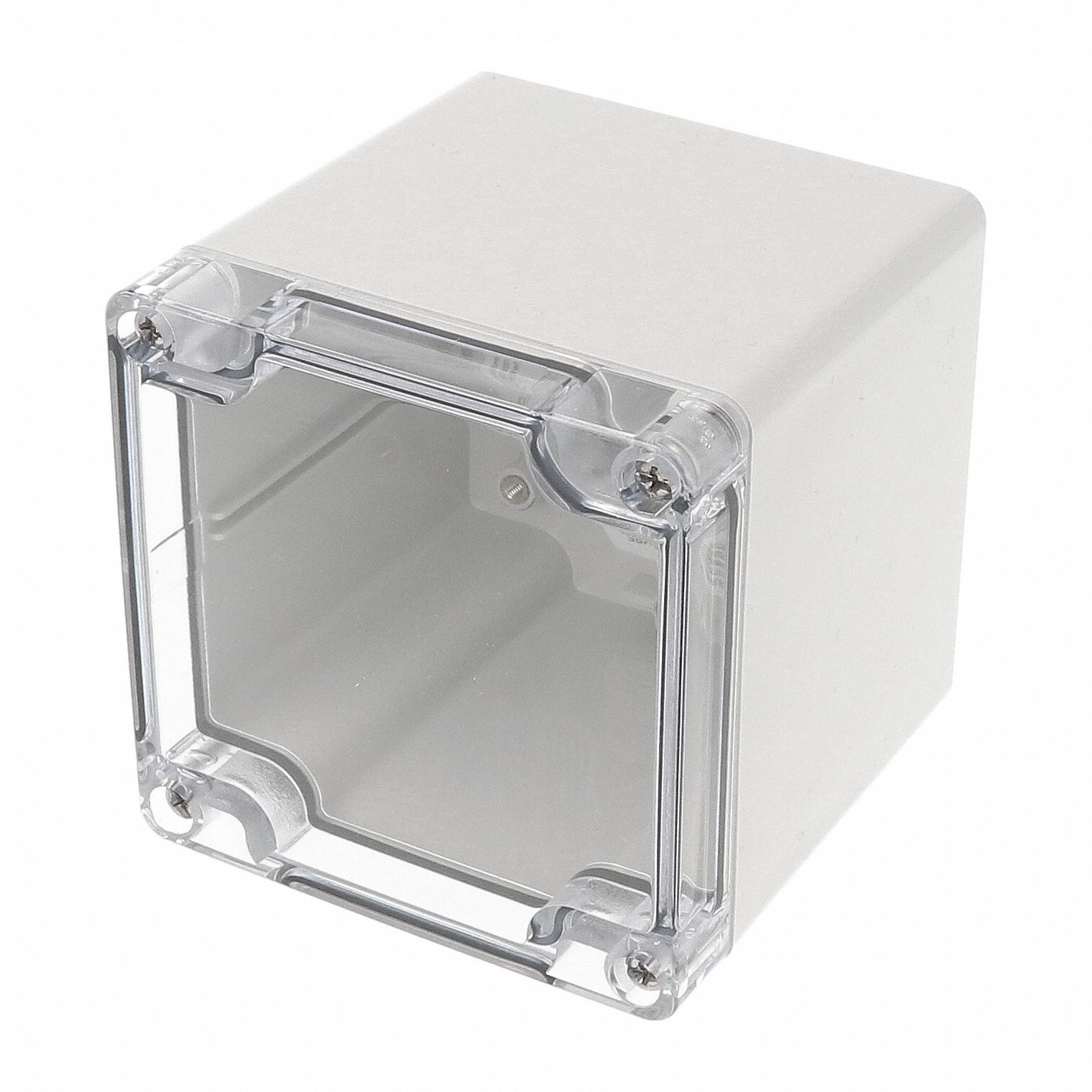 Enclosure: Polycarbonate, 3 in x 3 in x 4 in, NEMA 12/13/4/4X/6/6P, Screw On, Clear Cover