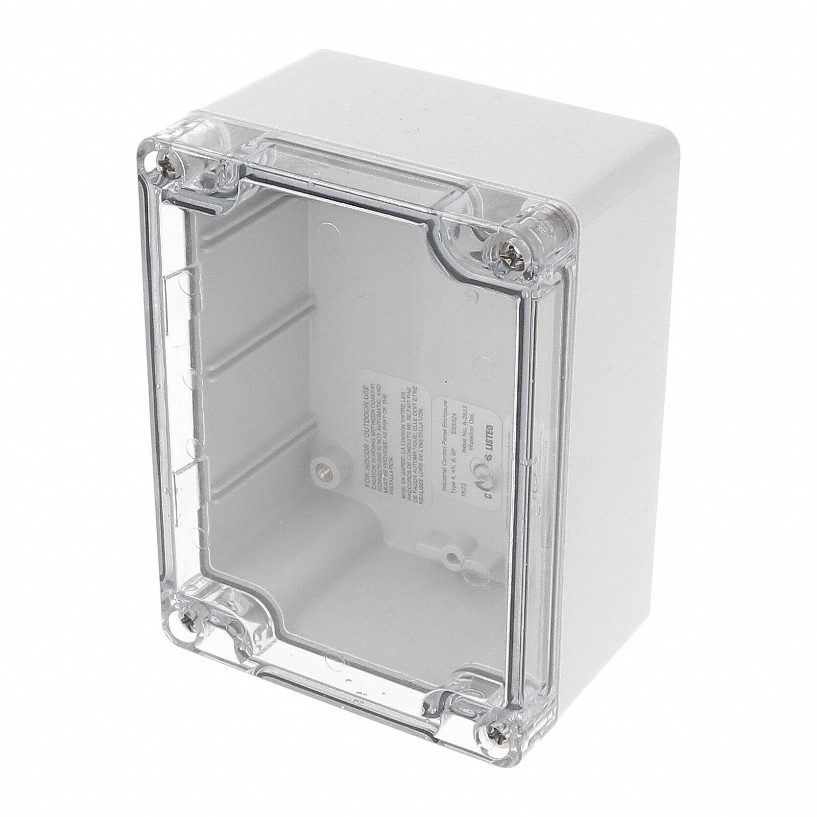 Enclosure: Polycarbonate, 4 in x 3 in x 2 in, NEMA 12/13/4/4X/6/6P, Screw On, Clear Cover