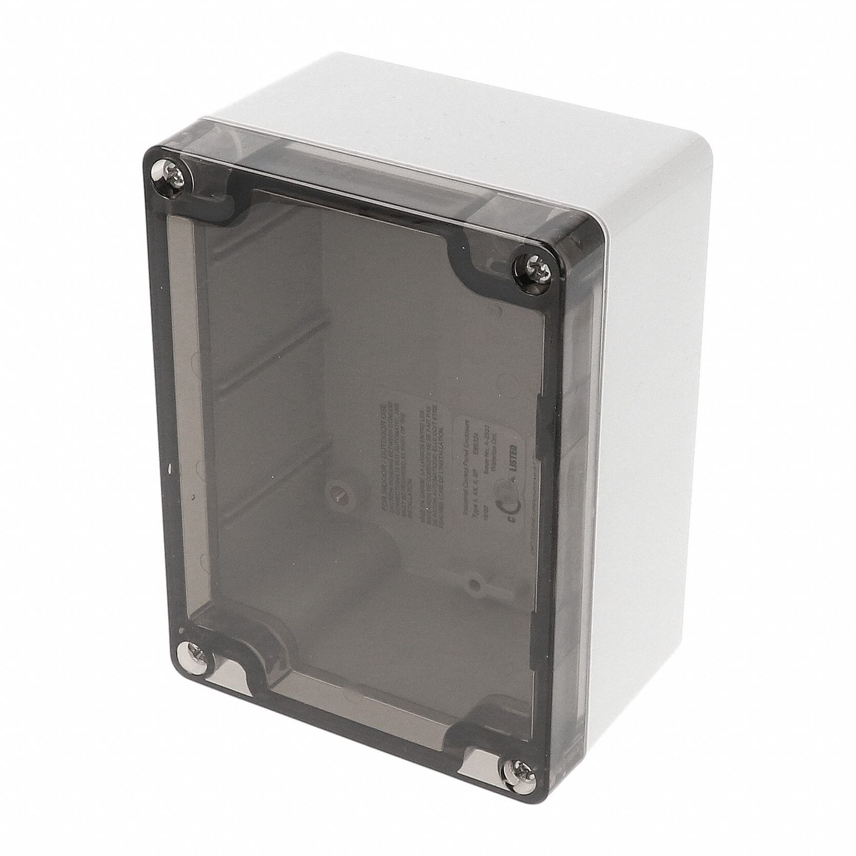 Enclosure: Polycarbonate, 4 in x 3 in x 2 in, NEMA 12/13/4/4X/6/6P, Screw On, Smoked Cover