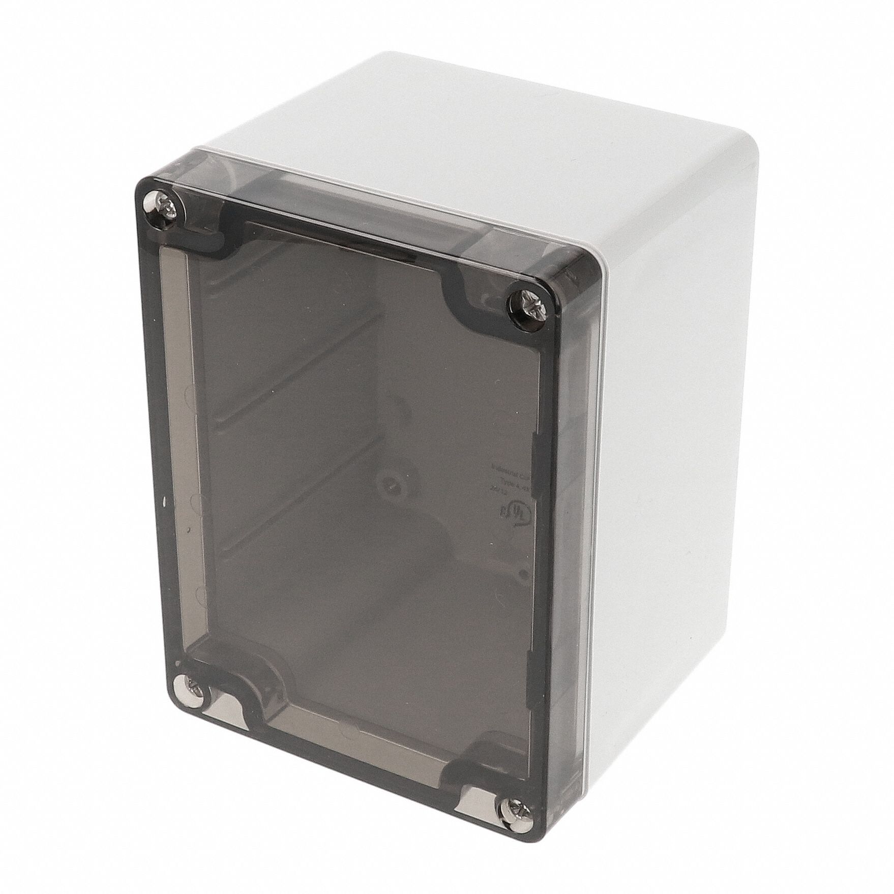 Enclosure: Polycarbonate, 4 in x 3 in x 3 in, NEMA 12/13/4/4X/6/6P, Screw On, Smoked Cover