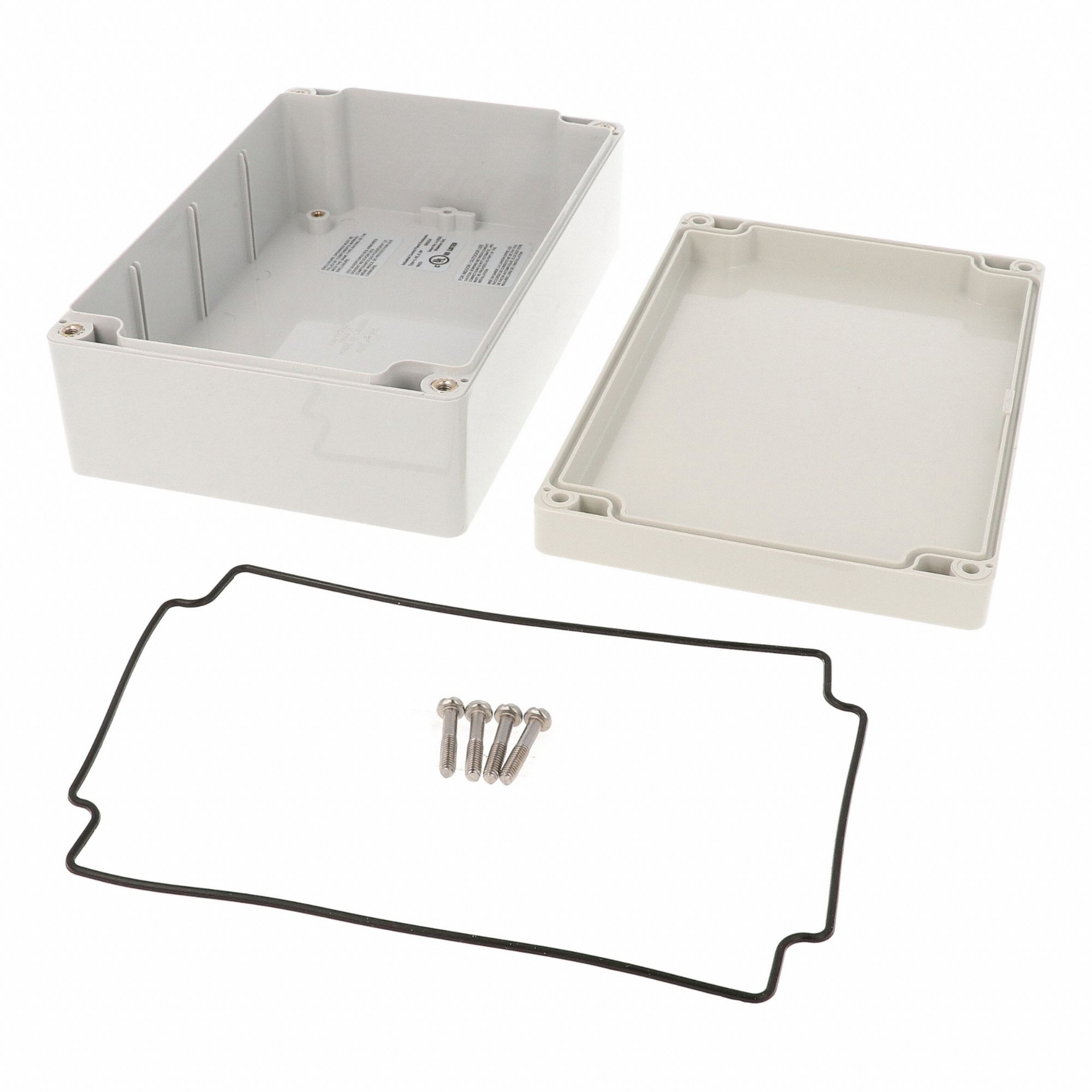 Enclosure: Polycarbonate, 7 in x 4 in x 2 in, NEMA 12/13/4/4X/6/6P, Screw On, Solid Cover