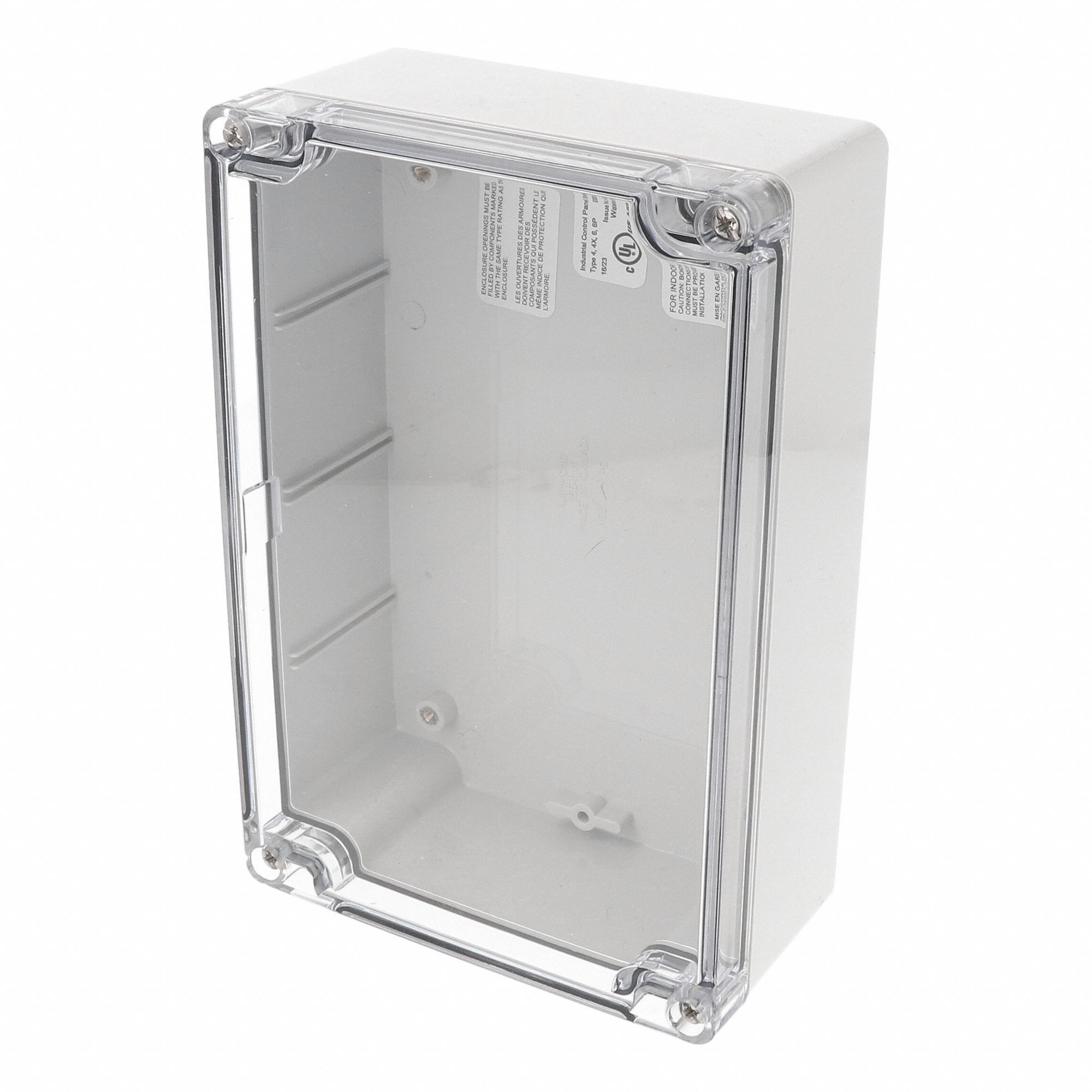 Enclosure: Polycarbonate, 7 in x 4 in x 2 in, NEMA 12/13/4/4X/6/6P, Screw On, Clear Cover