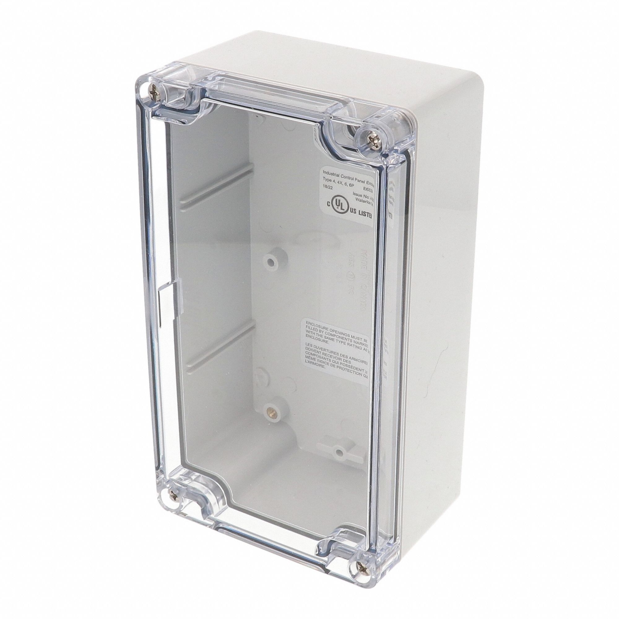 Enclosure: Polycarbonate, 6 in x 3 in x 2 in, NEMA 12/13/4/4X/6/6P, Screw On, Clear Cover