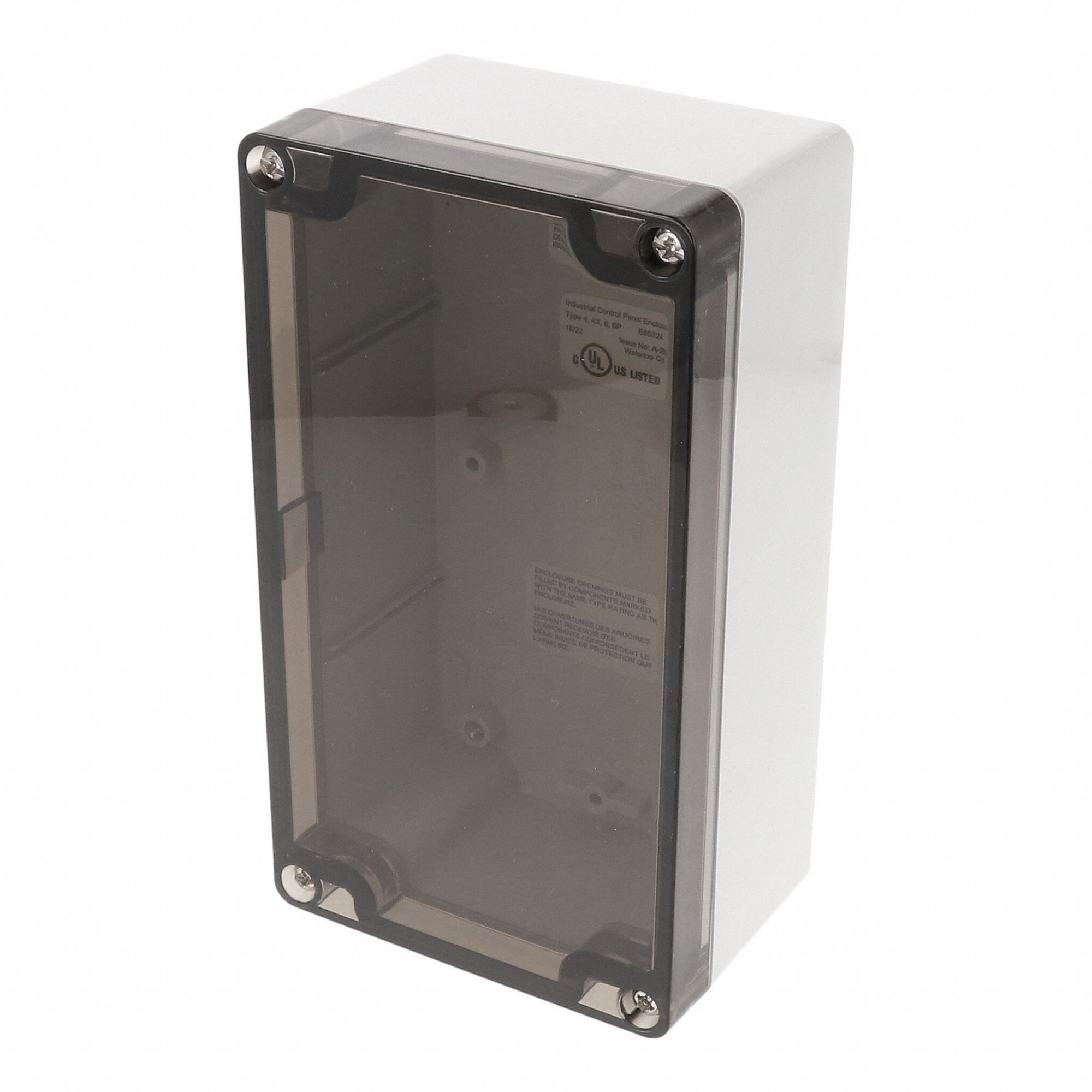 Enclosure: Polycarbonate, 6 in x 3 in x 2 in, NEMA 12/13/4/4X/6/6P, Screw On, Smoked Cover