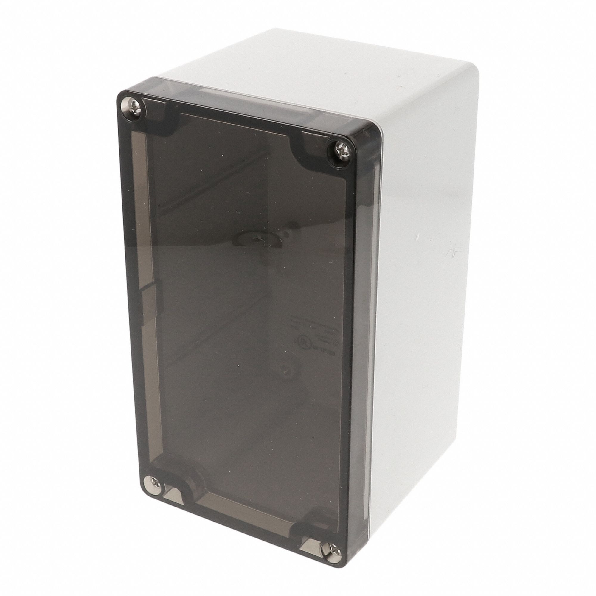 Enclosure: Polycarbonate, 6 in x 3 in x 4 in, NEMA 12/13/4/4X/6/6P, Screw On, Smoked Cover