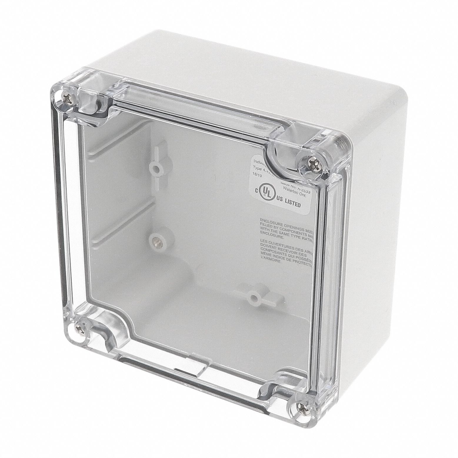 Enclosure: Polycarbonate, 4 in x 4 in x 2 in, NEMA 12/13/4/4X/6/6P, Screw On, Clear Cover